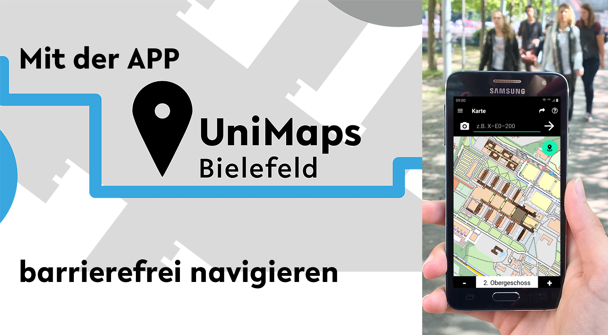 Lettering "Navigate barrier-free with the UniMaps Bielefeld app"