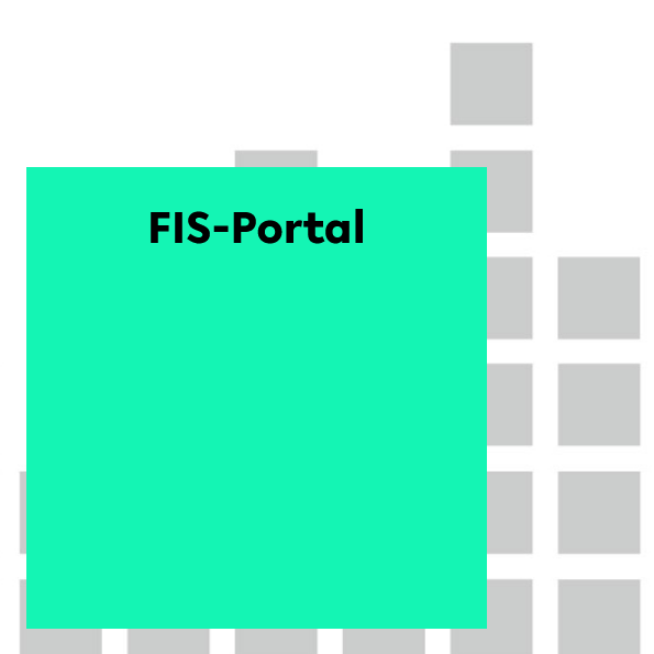 Grünes Quadrat auf kleineren grauen Quadraten mit dem Schriftzug FIS-Portal